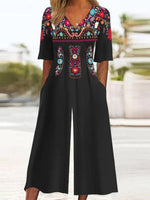 Ethnic Loose V Neck Pocket Stitching Casual Short Sleeve Jumpsuit