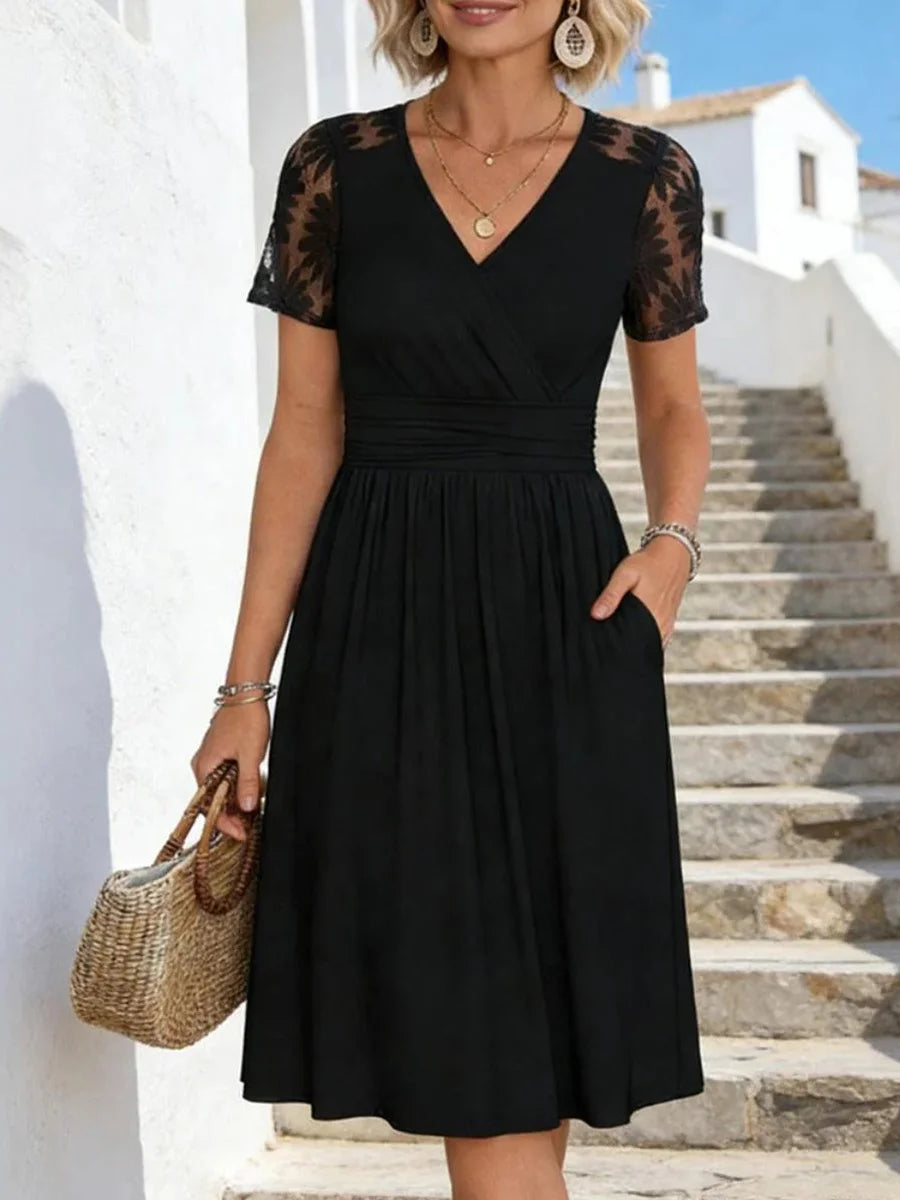 Black V-Neck Short Sleeve Midi Dress