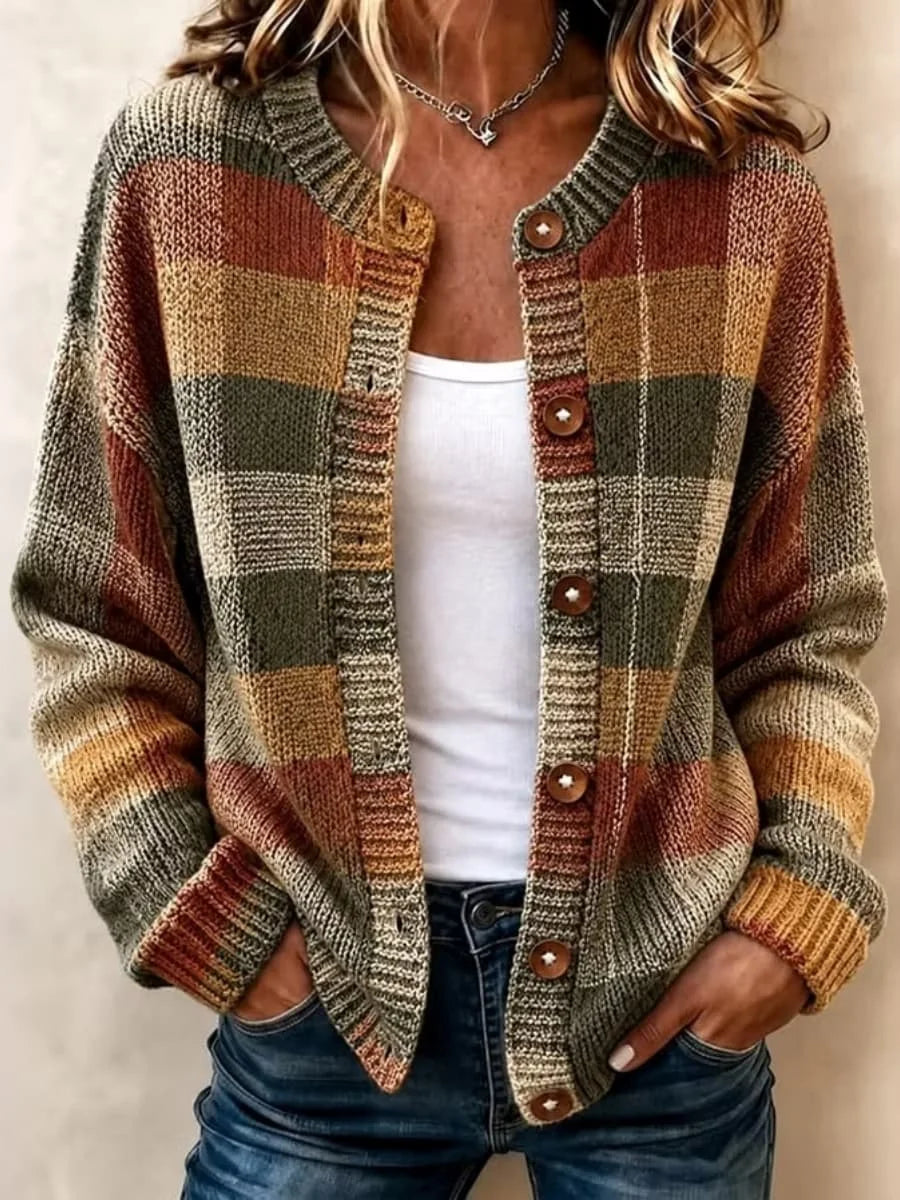 Women's Autumn Plaid Art Print Knit Button Crew Neck Long Sleeve Cardigan