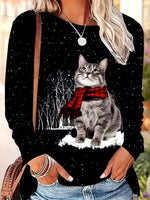Casual Cat Print Round Neck Long Sleeve T-Shirt