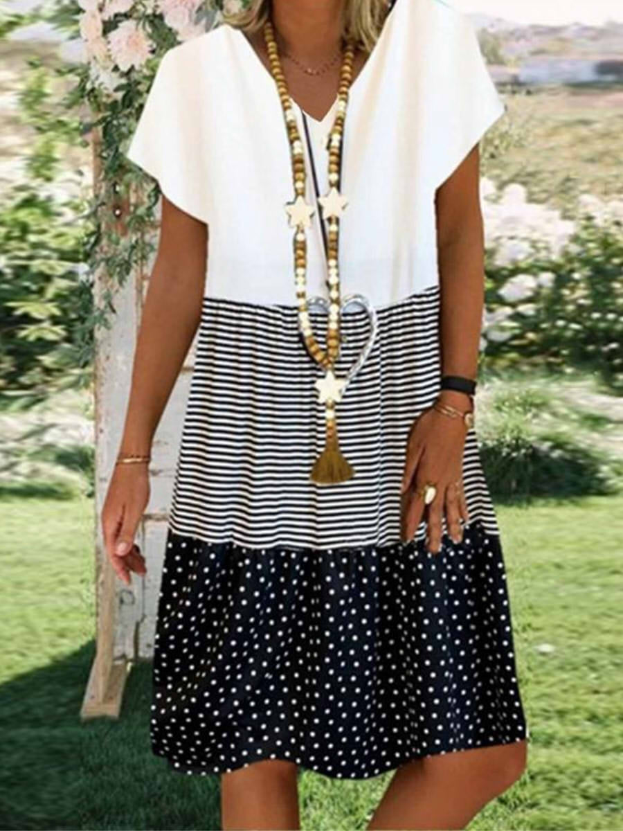 V-neck Stripe Polka Dot Print Casual Short Sleeve Short Knee Length Dress