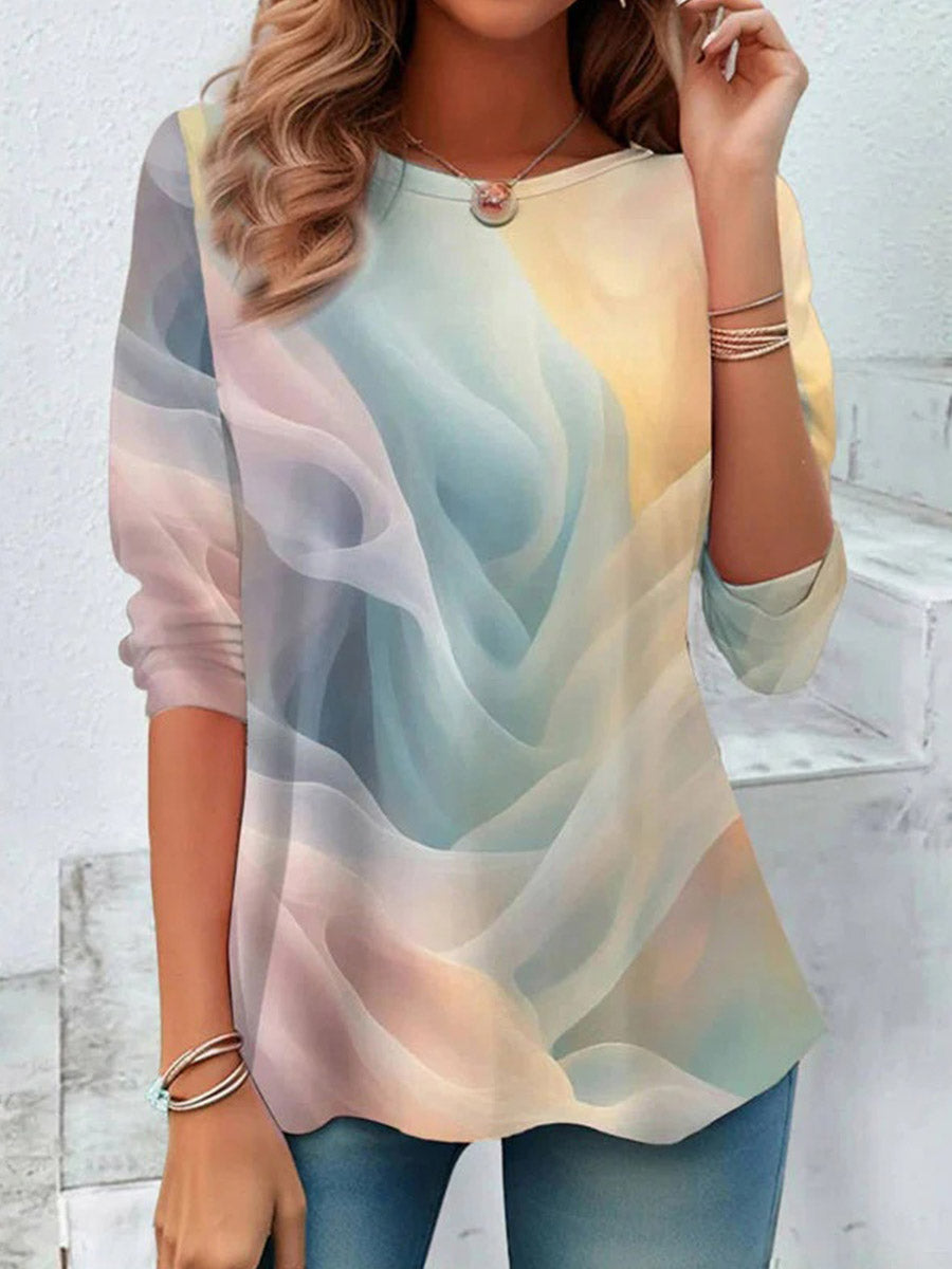 Casual Gradient Round Neck Long Sleeve T-Shirt