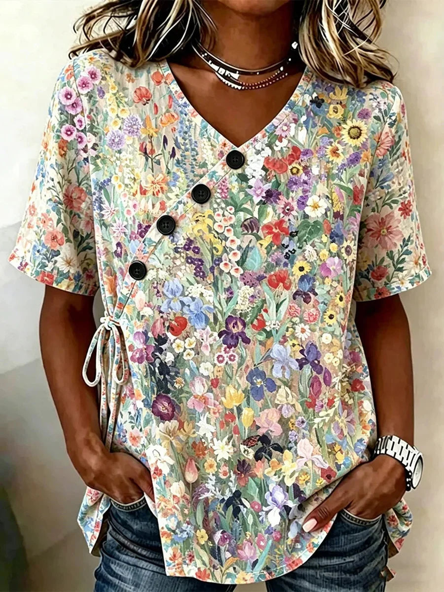 Multicolor Floral Print Wrap-Style Short Sleeve Blouse