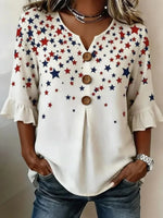 Patriotic Star Print Ruffle 3/4 Sleeve Button Blouse