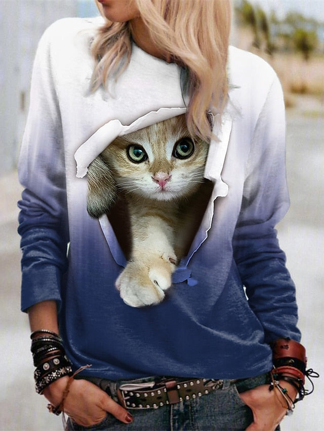 Blue Cat Street Round Neck Long Sleeve Sweatshirt