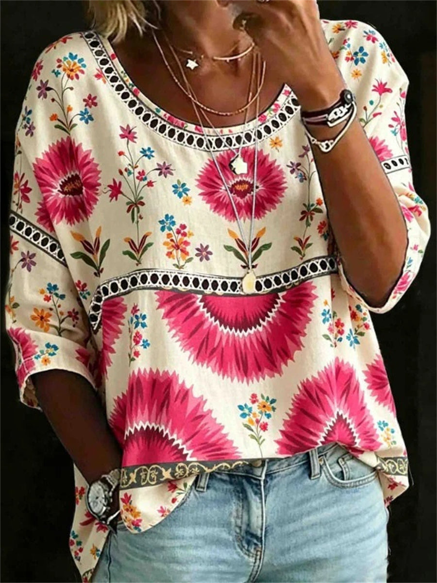 Vintage Floral Print Round Neck 3/4 Sleeve Blouse