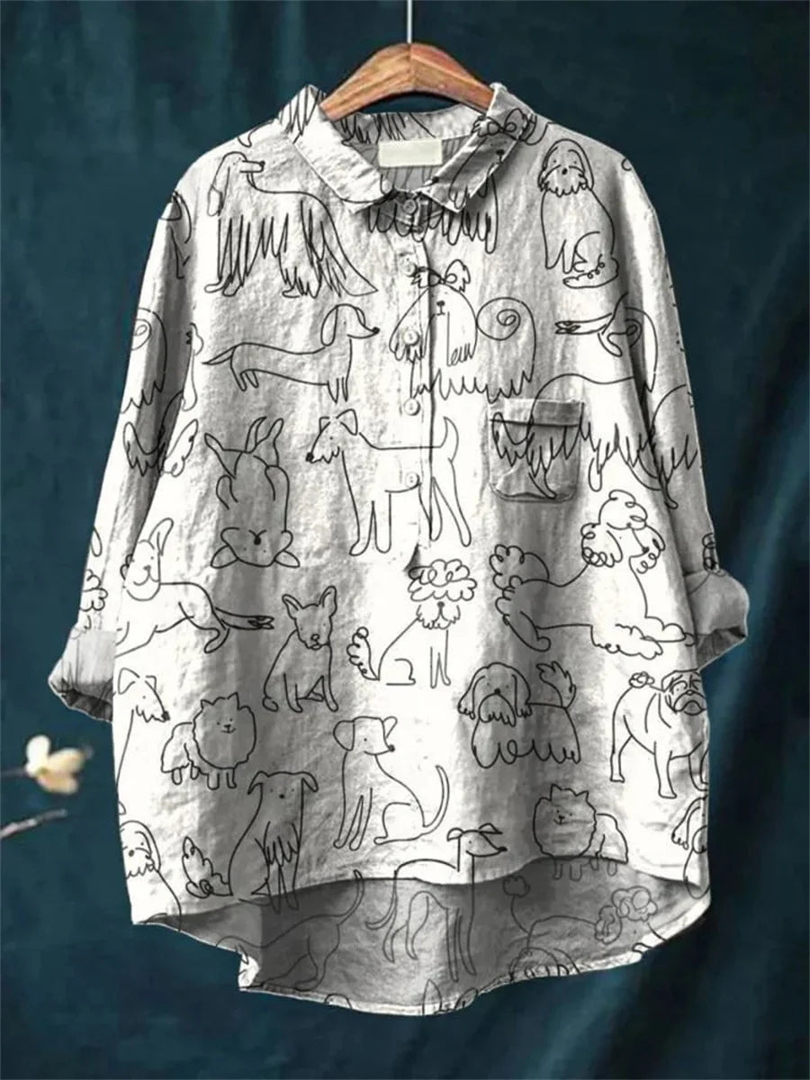 Women's Simple Line Puppy Print Casual Long Sleeve Shirt