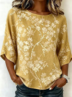 Yellow Floral Print Loose-Fit Round Neck 3/4 Sleeve Top