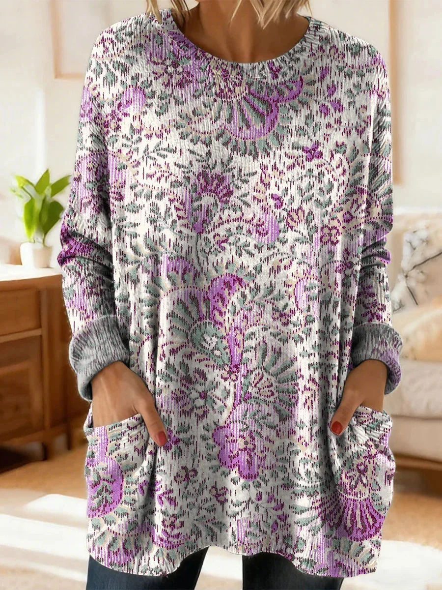 Women's Retro Floral Ethnic Art Print Casual Round Neck Long Sleeve Sweater