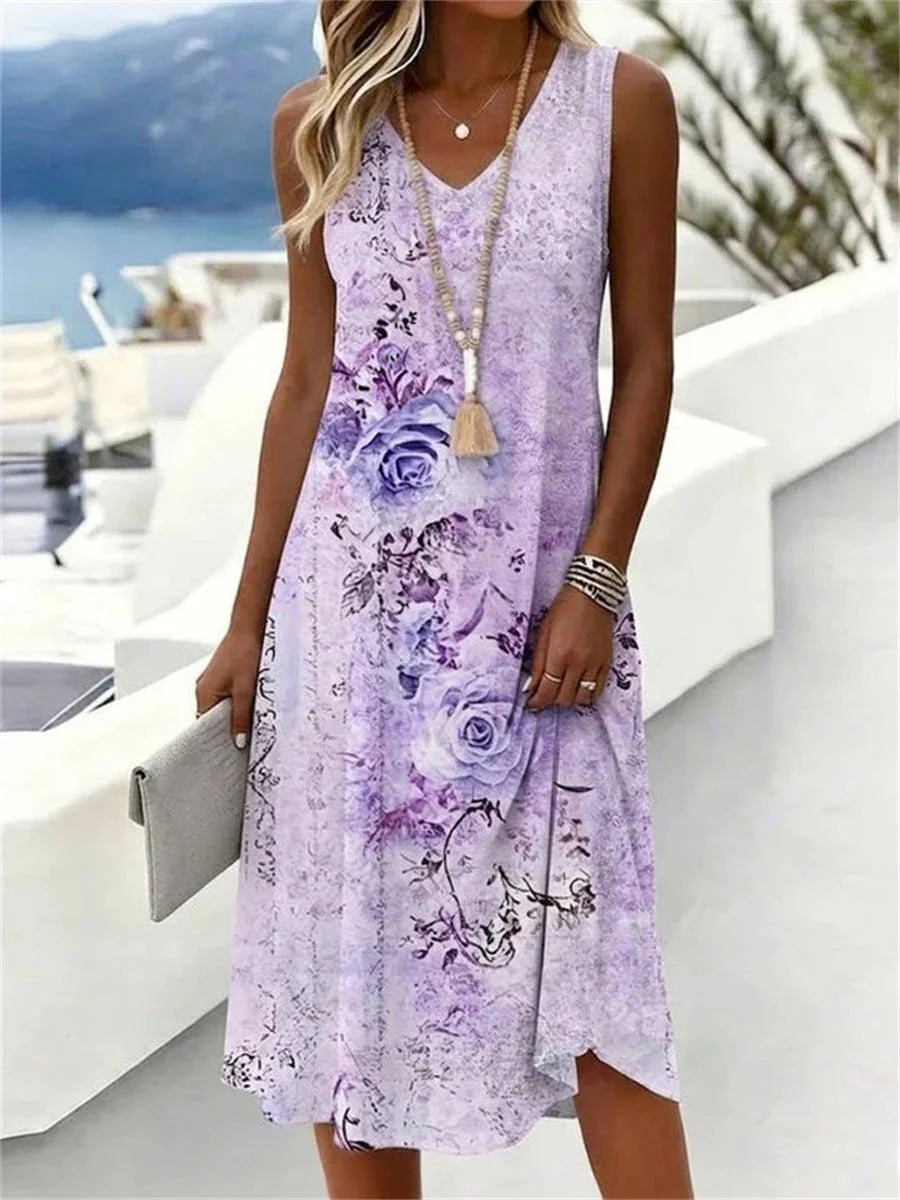 Vintage Floral Print V-neck Sleeveless Dress