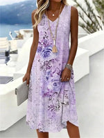 Vintage Floral Print V-neck Sleeveless Dress