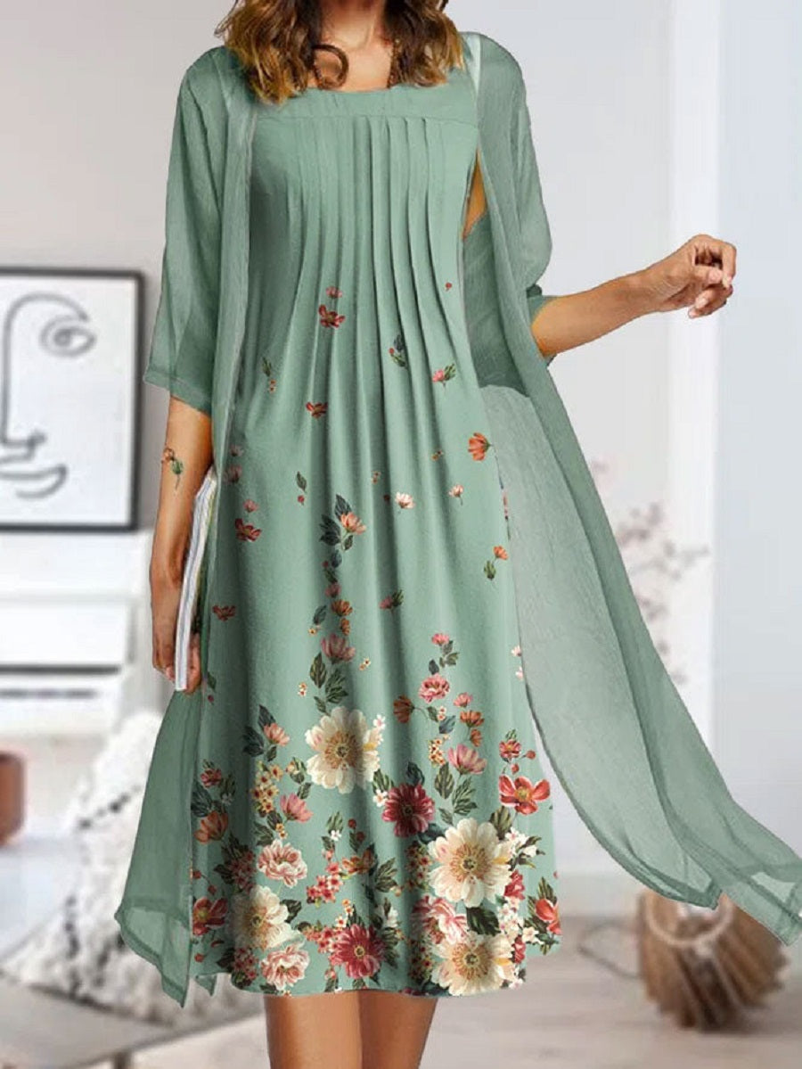 Green Casual Round Neck Floral Printed Half Sleeve Dresses