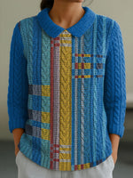 Women's Geometric Color Splicing Casual 3/4 Sleeve Sweater
