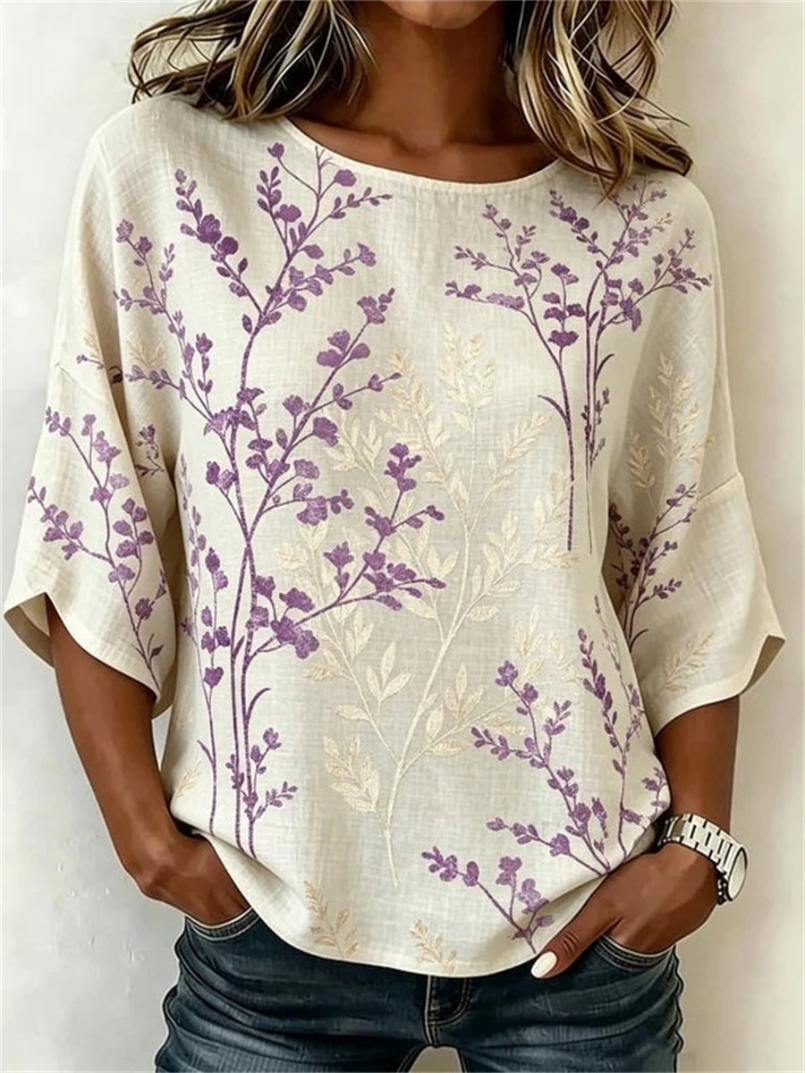 Vintage Leaf Print Round Neck 3/4 Sleeve Blouse