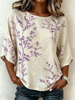 Vintage Leaf Print Round Neck 3/4 Sleeve Blouse