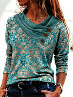 Green Casual Graphic Tops V Neck Floral Printed Long Sleeve Blouse