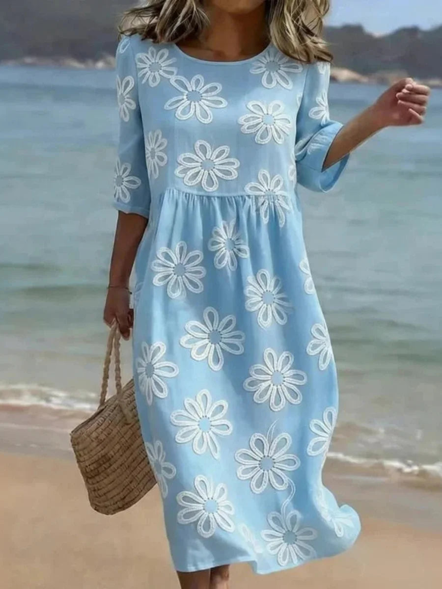 Vintage Floral Print Round Neck 3/4 Sleeve Dress