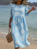 Vintage Floral Print Round Neck 3/4 Sleeve Dress