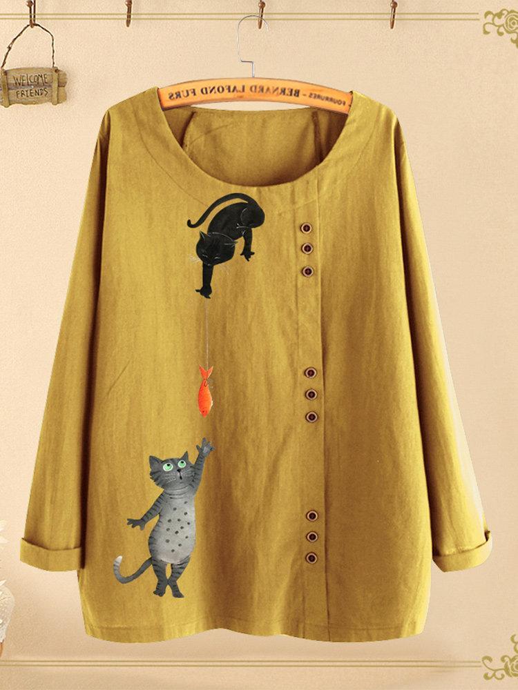 Button Cartoon Cat Print Long Sleeve Blouse