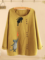 Button Cartoon Cat Print Long Sleeve Blouse
