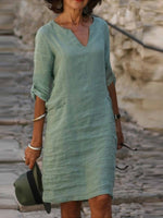 Casual V-neck Half Sleeve Midi Shirt Dress