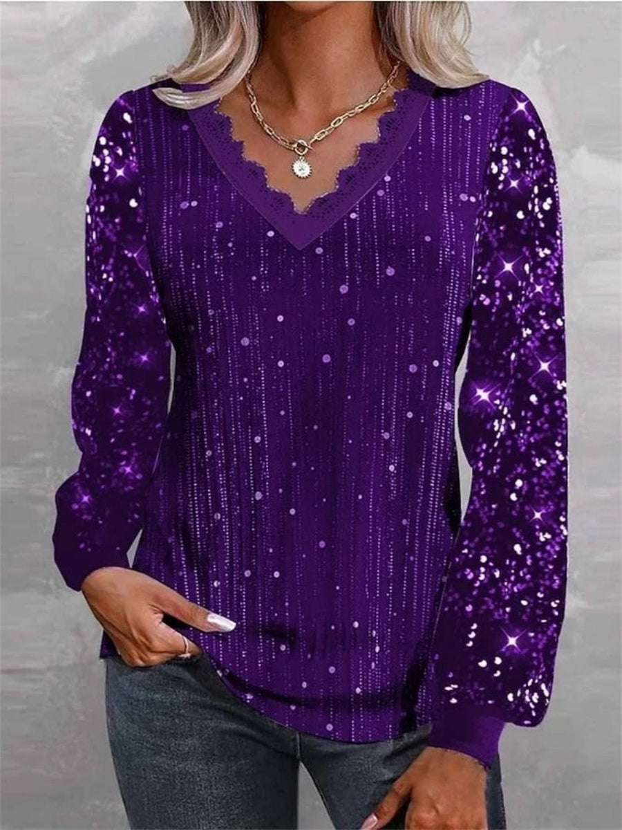 Casual Vintage Sequins V Neck Long Sleeve Loose Blouse