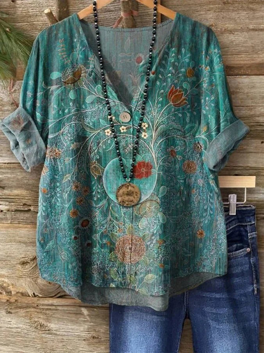 Vintage Floral Print Short Sleeve Blouse