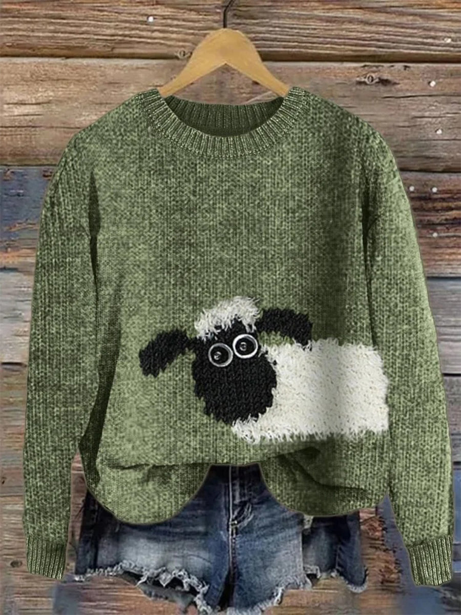 Vintage Cute Sheep Art Print Round Neck Long Sleeve Pullover Sweater