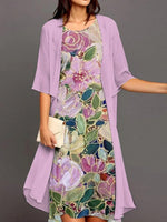 Purple Floral Print Midi Dress With Jacket