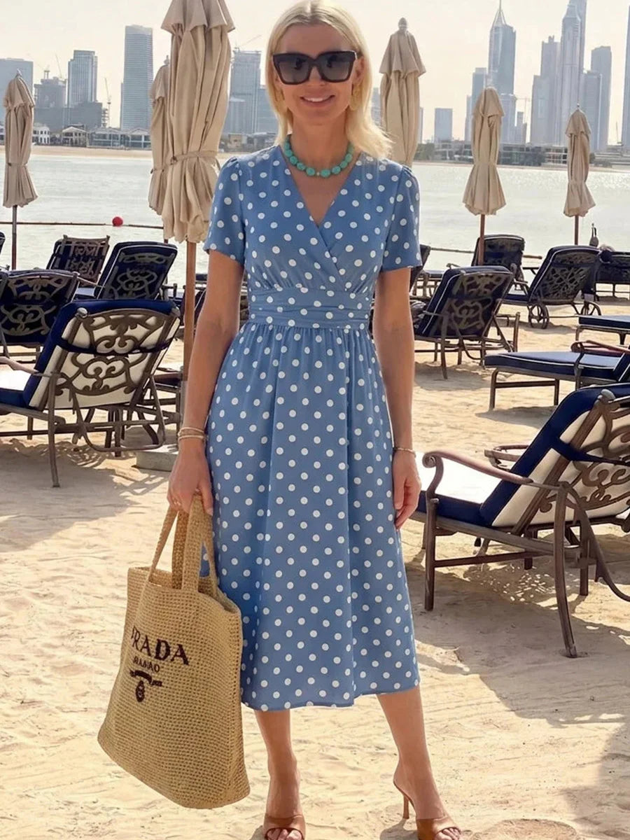 Trendy Blue Polka Dot V-neck Short Sleeve Midi Dress