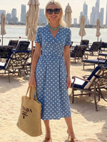 Trendy Blue Polka Dot V-neck Short Sleeve Midi Dress