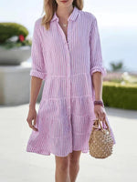 Casual Lapel Long Sleeve Striped Summer Dress