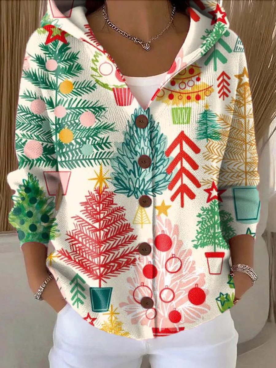 Women's Cute Colorful Christmas Tree Print Casual Hooded Long Sleeve Button Sweater