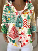 Women's Cute Colorful Christmas Tree Print Casual Hooded Long Sleeve Button Sweater