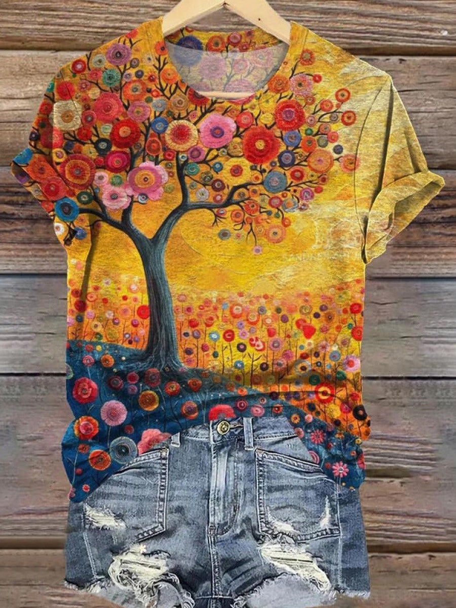 Yellow Floral Print Round Neck Short Sleeve Top