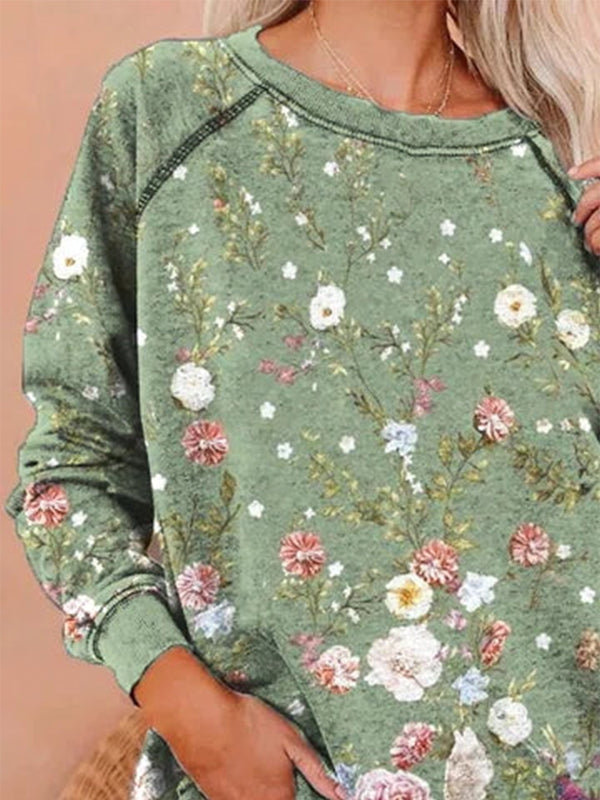 Green Casual Graphic Tops Round Neck Long Sleeve Floral Printed Sweatshirts