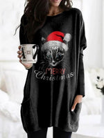 Black Casual Graphic Tops Round Neck Cat Printed Long Sleeve Xmas Sweatshirts