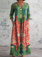 Vintage Floral Print V-neck Long Sleeve Dress