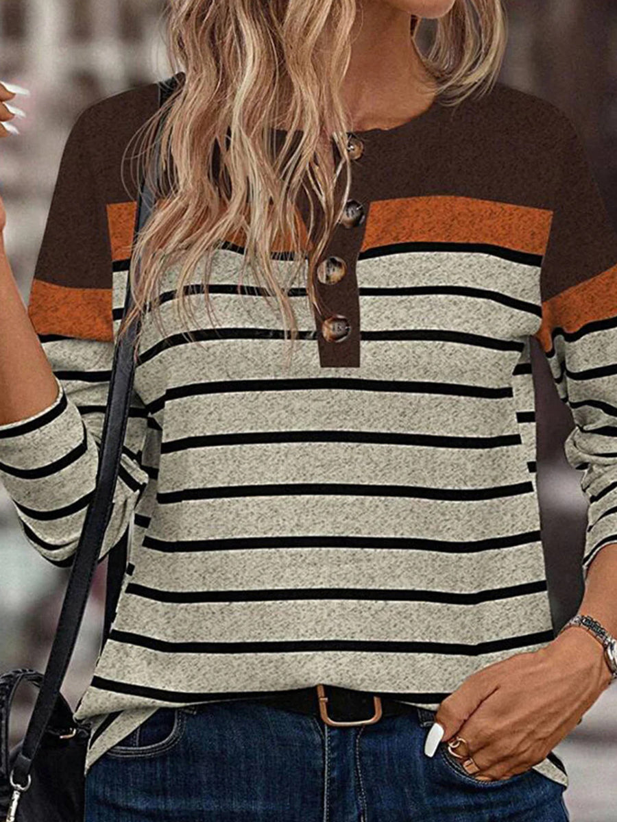 Retro Round Neck Long Sleeve Striped Top