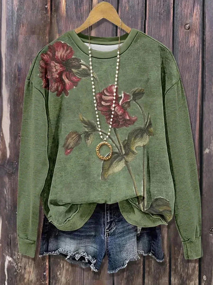 Vintage Floral Print Round Neck Long Sleeve Sweatshirt