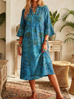 Teal Floral Print 3/4 Sleeve Midi Dress