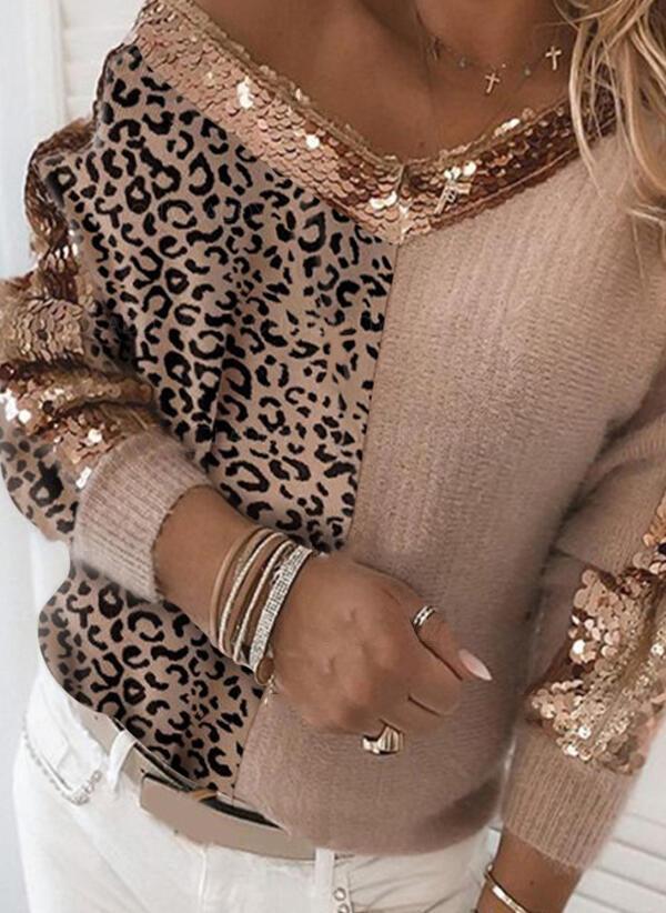Color Block Leopard Sequins V-Neck Casual Sweaters