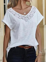 Casual Solid Lace Split Joint V Neck T-Shirt