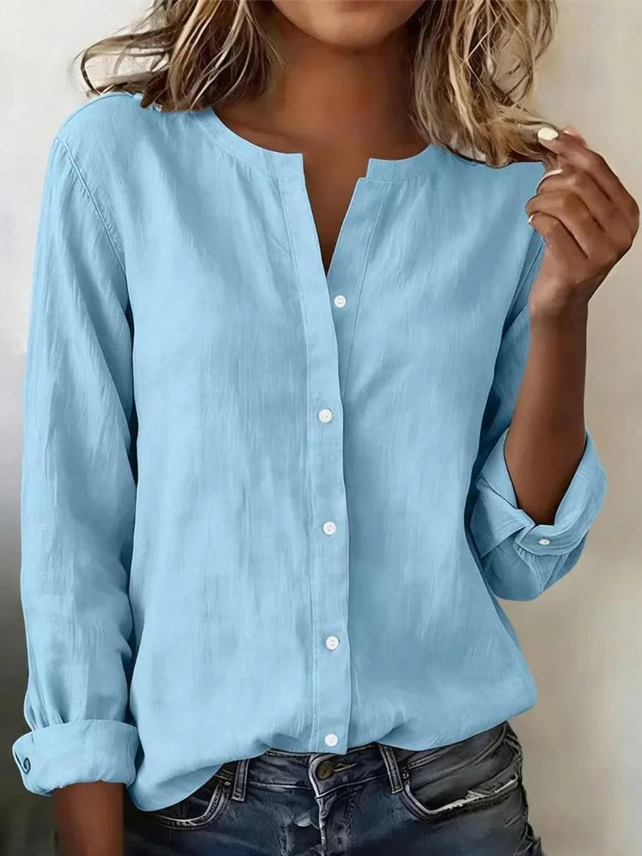 Soft Blue Long Sleeve Button Up Blouse