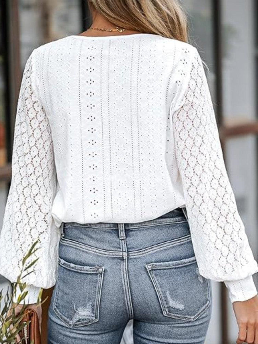 White Plain V-Neck Long Sleeve Top