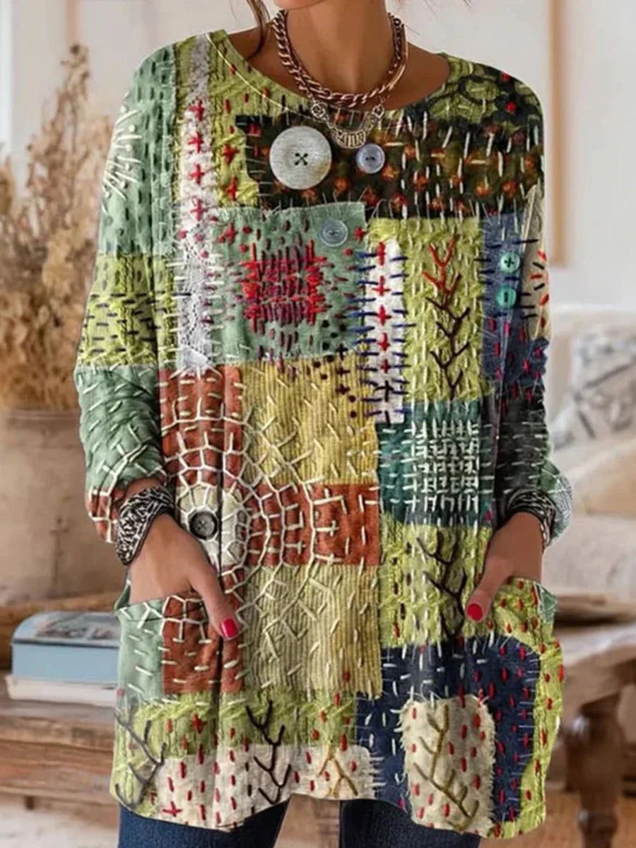 Vintage Casual Round Neck Long Sleeve Blouse