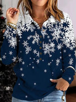 Dark Blue Casual Snowflake Printed Daily Long Sleeve Blouse