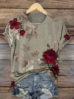 Vintage Floral Print Round Neck Short Sleeve T-Shirt