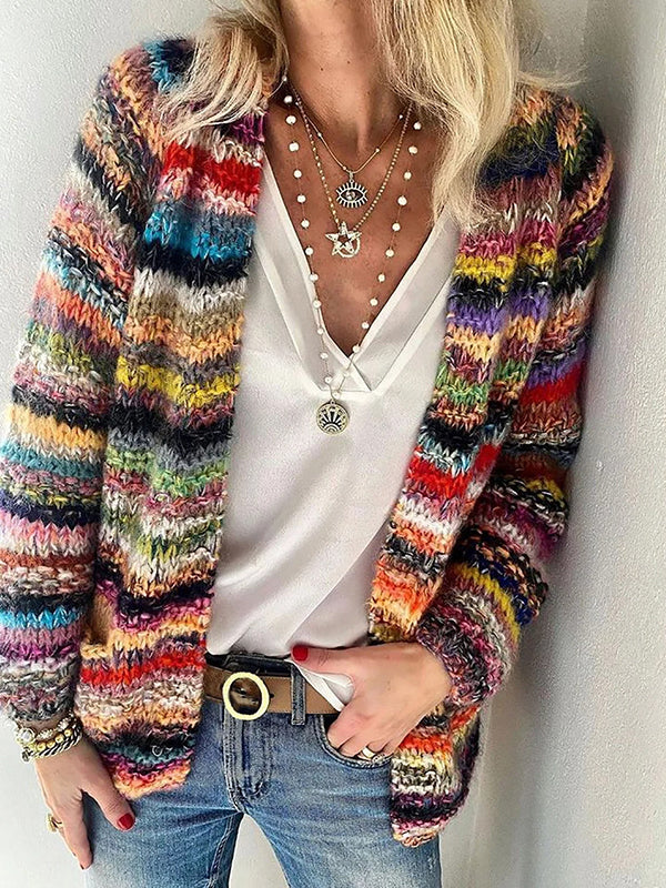 Women's Long Sleeve Colorful Striped Knit Cardigan