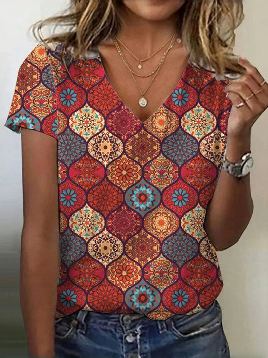 Vintage Ethnic Print V-neck Short Sleeve T-Shirt